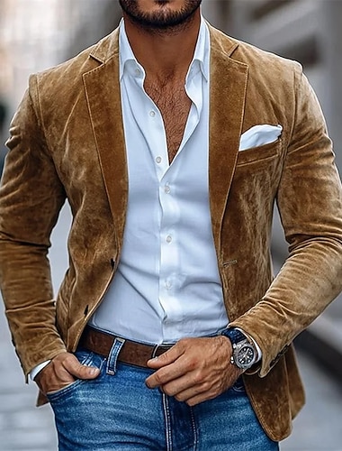  Herre Blazer i imitert semsket skinn Blazer jakke Avslappet Virksomhet Arbeid Elegant Årgang Vår Høst Terylene Helfarge Enkeltkneppet Blazer Brun Kakifarget