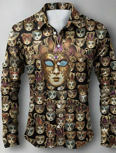  Herrenhemd mit venezianischem Karnevalsmotiv – Allover-Maskenmuster
