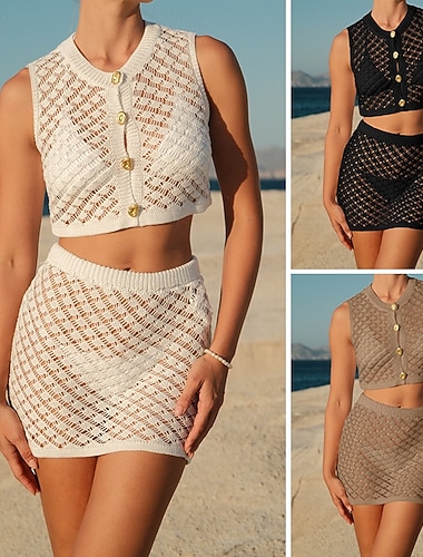  Damen Badeanzug Überwurf Zweiteilig Rock Bademode Ausschnitt Urlaub Strandbekleidung Einfarbig Rundhals Ärmellos Badeanzüge