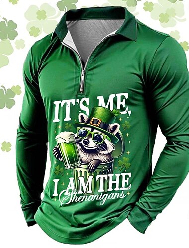  Dia de São Patrício Camisas Polo Masculinas Texto Oktoberfest Cerveja Com Zíper Camisas Polo de Manga Longa Camisas com Colarinho Casual para Uso Ao Ar Livre Roupas de Festival Impressão 3D Primavera