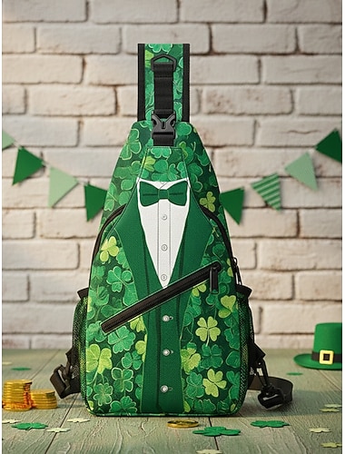  Herenslingtas van polyester, met St. Patrick's Day smokingdesign, klaver- en muntprint, verkrijgbaar in verschillende uitvoeringen, perfect voor feestelijke gelegenheden en dagelijks gebruik.