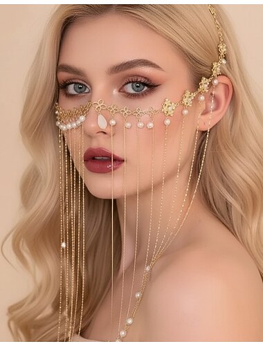  Bijoux de visage en drapage doré bohème de Samba Accessories - Chaîne de tête en perles avec gouttes à franges costume de performance pour festival au Brésil