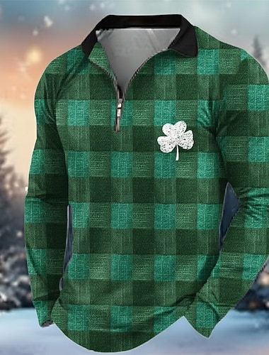  St. Patrick Herren Shamrock Polo Langarm Umlegekragen Modern Freizeit Athleisure Lässige Alltagskleidung Festival Reißverschluss 3D-Druck Frühling Herbst Schwarz Weiß Grün