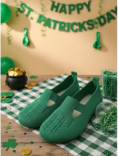  Groene gebreide instapschoenen voor dames – ademende en comfortabele schoenen voor St. Patrick's Day, festivals en dagelijks gebruik.