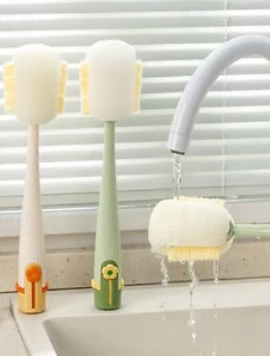  Confezione da 2 spazzole multifunzione 5 in 1 per la pulizia delle bottiglie, spazzola con manico lungo per tazze e coperchi di thermos, detergente per bottiglie di latte e bottiglie d'acqua, utensile