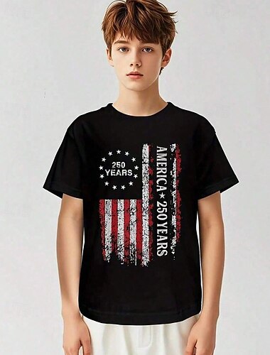  100% Cotone Bambini Ragazzi Nero Bianco Grafico Bandiera USA 250° anniversario Maglietta Blusa Girocollo Manica Corta All'aperto Abbigliamento Quotidiano Moda Streetwear Designer Stampa Estate