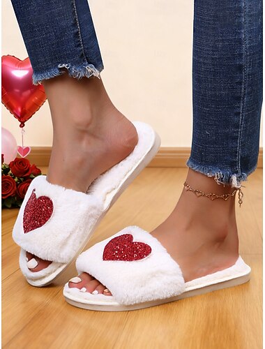  Kvinders lyserøde plys-slippers i kunstpels med rødt glitterhjerte – søde varme hjemmesko til Valentinsdagsgaver, soveværelse og afslapning