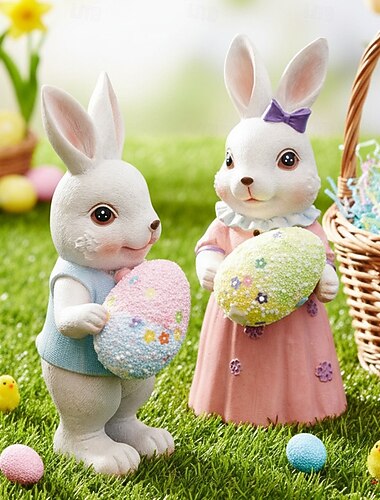 Estátua de coelho da Páscoa em resina, miniatura fofa de coelho, escultura de animal de desenho animado para o domingo de Páscoa, decoração de primavera para casa e jardim, artesanato decorativo feito