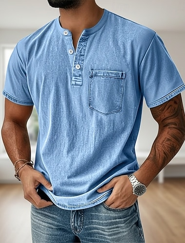  Herre Henly-skjorte 100% bomullssyre-vaskeskjorte T-skjorte T-skjorte Kortermet Ensfarget Retro / vintage Fritid Gammeldags stil Vasket Henley Avslappet Sommer Vår Høst Svart Rosa Lysegrønn Henley