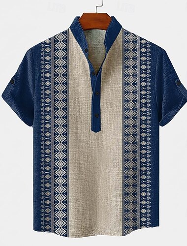  Herre Geometrisk mønster Stamme Etnisk Skjorte Skjorte med knapp ned Kortermet Vintage retro Ferie Fritid / hverdag Sommer Vår Opprett krage Henley krage 3D-utskrift Lin som skjorte Blå Brun Grønn