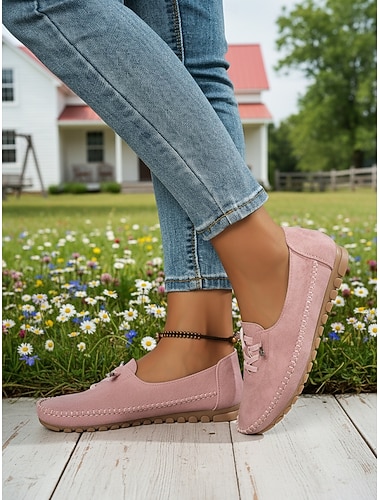  Rosa Damen-Mokassin-Loafer mit Ziernähten – weiche, flache Slipper zum Hineinschlüpfen, ideal für Pflegeberufe, Freizeitspaziergänge und den Arbeitsalltag
