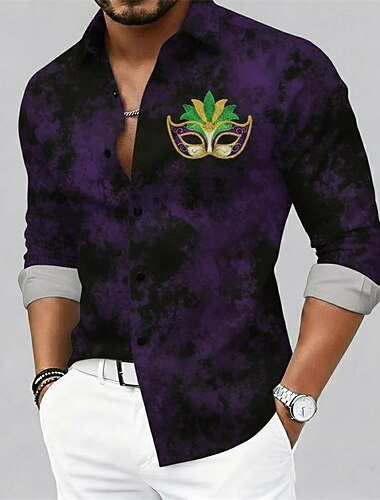  Herren-Mardi-Gras-Hemd – Button-Down-Hemd mit grafischem Maskenmotiv