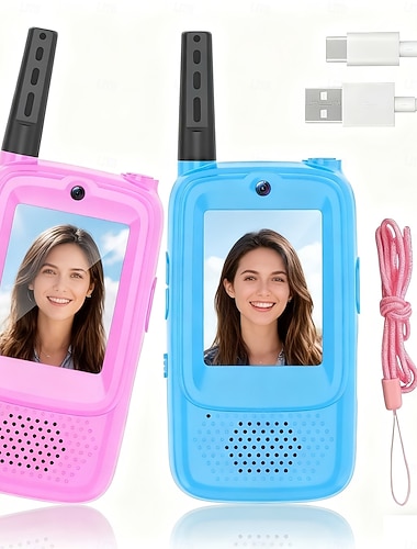  Barnevideo walkie-talkies, 2-pakning oppladbare leker med kamera &skjerm, langtrekkende 2-veis radioer for gutter og jenter, utendørs campingleker, bursdagsjulegaver