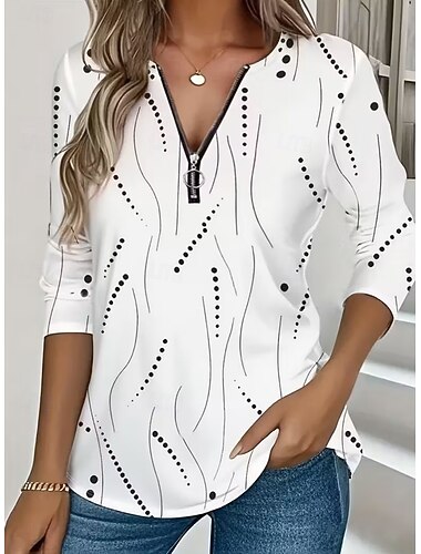 Mulheres Camiseta Zíper Imprimir Gráfico Geométrica Vintage Moda à moda Manga Longa Gola Redonda Decote V Tops regulares Diário Azul Branco Amarelo Rosa Vermelho Primavera Outono Inverno