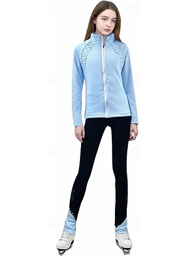  Kunstschaatsjas met broek voor dames en meisjes, ijsschaatsbroek/legging, outfit, lichtblauw, fleece, spandex, rekbaar, trainingskleding, oefenkleding, wedstrijdkleding, thermisch, warm