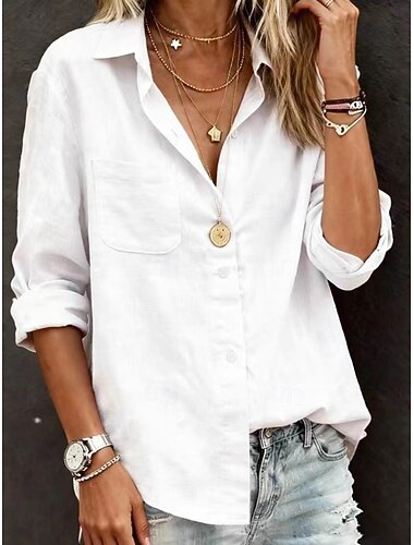  Damen Baumwoll-Leinen-Hemden Tasche Knöpfe Einfarbig Vintage Stilvoll Basic Langarm Hemdkragen Normale Oberteile Täglich Weiß Rosa Himmelblau Aprikose Sommer Frühling Herbst