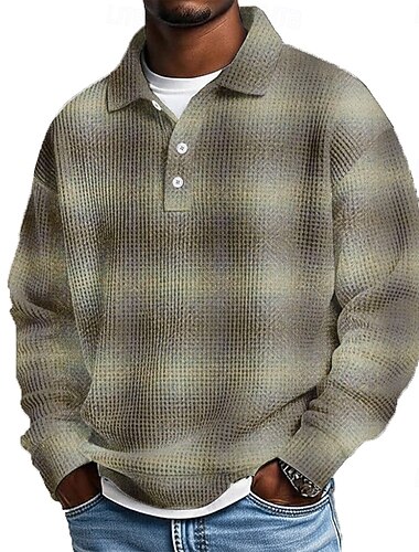  Herre Ruter Vaffel poloskjorter Langermet Poloskjorter Knaphul Fritid Skole treningsklær Dagligdagstøy 3D-utskrift Vår Høst Lysebrun Brun Grå