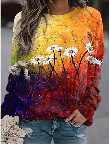  Damen Pullover Sweatshirt Druck Grafik Lässig Langarm Rundhalsausschnitt Normale Oberteile Lässig Straße Ferien Blau Weiß Gelb Himmelblau Purpur Frühling Winter