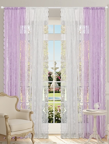  2/4 zweifarbige, transparente Spitzengardinen mit Stangendurchzug, Jacquard-Spitze, lichtdurchlässig und elegant, fertig konfektionierte Luxusgardinen für die Heimdekoration