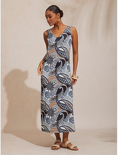  Vestido longo de malha elástica com estampa paisley vintage para férias