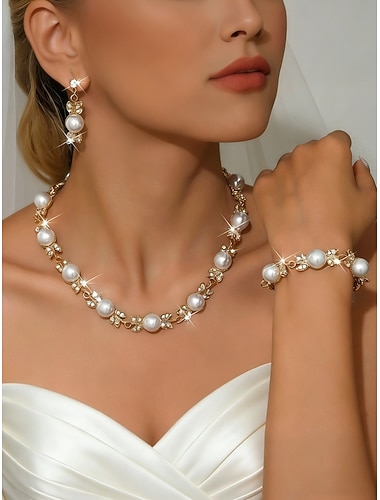  oro femminile &set di gioielli di perle d'avorio, collana, orecchini e bracciale con strass, elegante stile da sposa per matrimonio &eventi formali