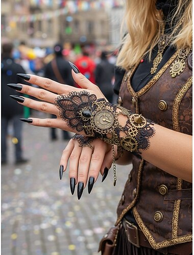  Kvinne Mardi Gras Steampunk viktorianske blondefingerløse hansker armbånd - Legering klokke og tannhjul tilbehør karneval og Halloween kostyme