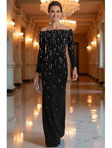  Skjorte  Kolonne Gulvlengde Formell Kjole Kveldskjole Kveldskjole Elegant Vintage Svart Kjole Lange ermer Off Shoulder Prom Kveldsparti med Krystaller Perler