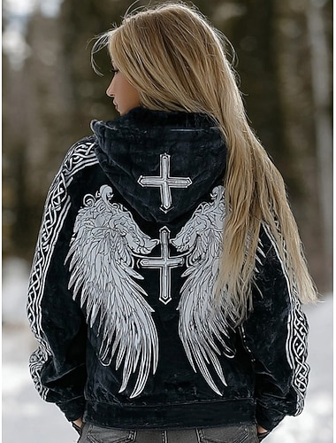  Dame Pullover hettegenser-genser Lapper Trykt mønster Lomme foran Grafisk Geometrisk Stamme Årgang Fritid Bohem Langermet Med hette Vanlige topper Avslappet Gate Hverdag Svart Vår Høst Vinter