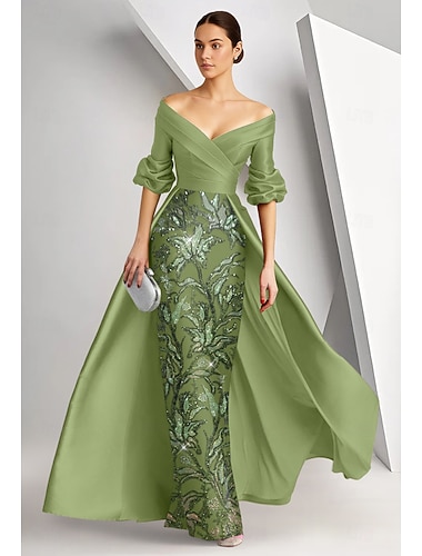  Linea ad A Tubino Colonna Lunghezza al pavimento Perline ricamate Abito Formale Abito da madre della sposa Abito da Sera Abito da ballo con sopragonna Abito formale Elegante Scintillante Manica 3/4