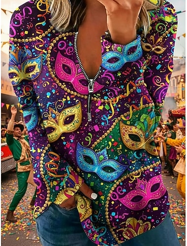  Per donna Felpa Pullover Cerniera Tasca Stampato Grafico Vintage Casual Manica Lunga Scollo a V Top Regolari Streetwear Abbigliamento Quotidiano Viola Primavera Autunno