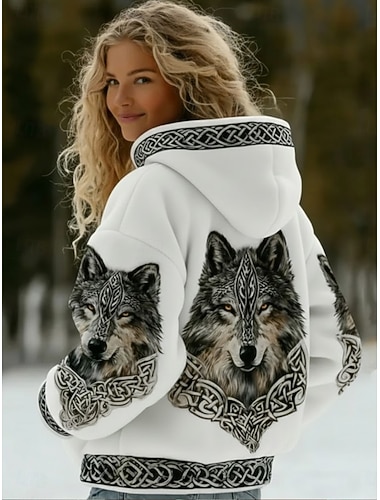  Dame Pullover hettegenser-genser Lapper Trykt mønster Lomme foran Grafisk Dyr Geometrisk Årgang Fritid Bohem Langermet Med hette Vanlige topper Avslappet Gate Hverdag Svart Hvit Grå Vår Høst Vinter