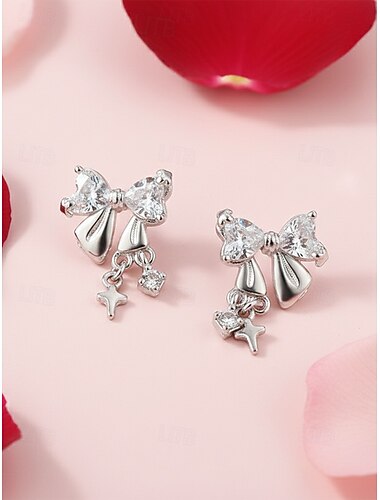  Brincos de laço prateados com cristal transparente e pingente de cruz – brincos pendentes elegantes para mulheres.