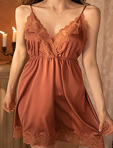  Damen Freizeitkleidung Nachthemd Mode Lässig Weich Einfarbig Spitze Patchwork Kleid Heim Urlaub Ärmellos V Ausschnitt Lotusrosa Schwarz Weiß Hellgrün Rosa Sommer Frühling Herbst Normale Passform