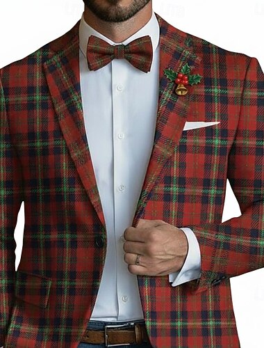  Herre Blazer jakke Halskrage Fest Rutet Linje Blazer Burgunder Skreddersydd Enkelt Brystet Enn-knapp