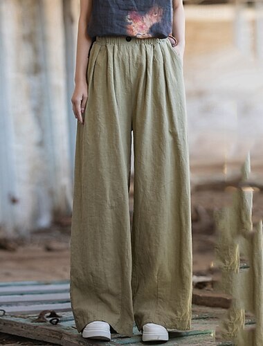  Calça reta feminina em linho orgânico com cintura elástica.