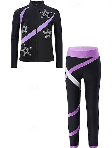  Kunstschaatsjas met broek, dames- en meisjesschaatsoutfit, zwart, elastisch, trainings- en wedstrijdschaatskleding, thermisch, warm, met kristallen/strasssteentjes, lange mouwen, kunstschaatsen.