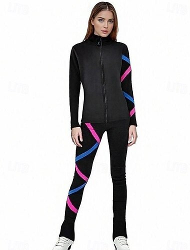  Kunstschaatsjas met broek, dames- en meisjesschaatsoutfit, zwart, elastisch, trainings- en wedstrijdschaatskleding, thermisch, warm, met kristallen/strass steentjes, lange mouwen, kunstschaatsen.