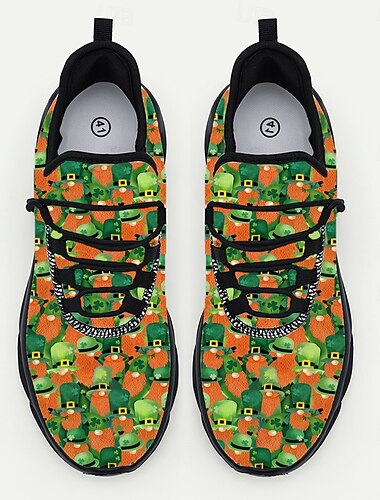  Tênis masculino para o Dia de São Patrício – design verde e laranja com trevos, perfeito para as festas de fim de ano.
