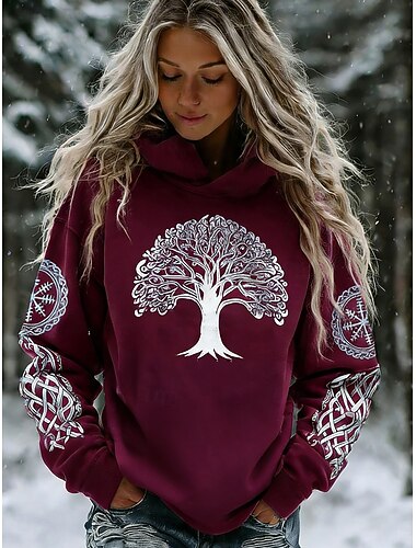  Dame Pullover hettegenser-genser Trykt mønster Grafisk Geometrisk Stamme Fritid Langermet Med hette Vanlige topper Avslappet Festkveldsklær Gate Blå Vinrød Lilla Grønn Vår Vinter