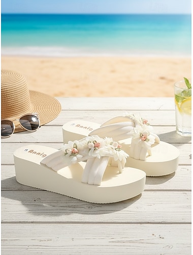  Femmes Promenade Plage Fête de jardin Appliques Petit talon Bout Rapporté Élégant Bohème Vacances Microfibre A enfiler Ivoire