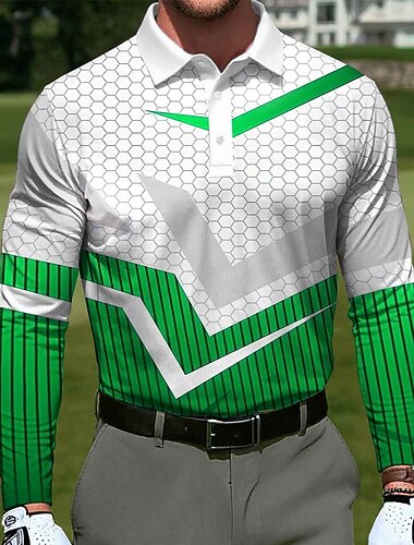  男性用 幾何学的な ゴルフ スポーツポロシャツ 長袖 ポロシャツ ラペル カジュアル アウトドア アスレイジャー デイリーウェア 3Dプリント ボタン 春 秋 ブルー イエロー ルビーレッド