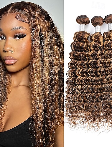  p4/27 Braune Haarverlängerungen mit tiefen Wellen, Echthaar-Highlights, blonde Haarverlängerungen mit tiefen Wellen, 3er-Packung Echthaar-Extensions für schwarze Frauen
