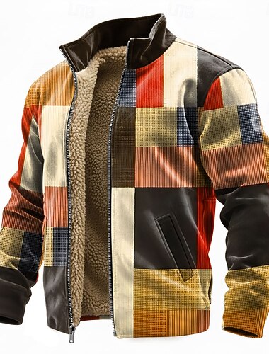  Herren Geometrisch Karomuster Fleece Jacke Pullover Mode Täglich Einfach Lässig Stehkragen Reißverschluss Outdoor Urlaub Geschenk Ausgehen Blau Rote Braun Grau Tasche Reißverschluss vorne Herbst