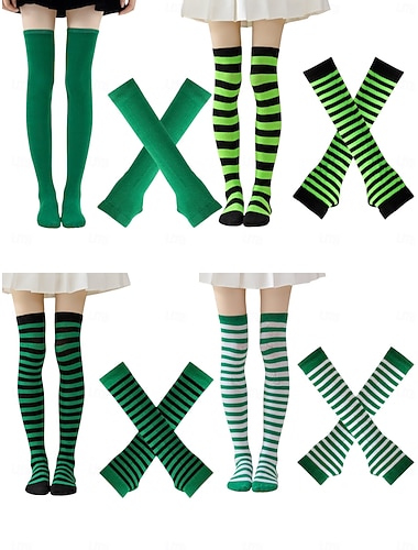  calzini da donna per il giorno di San Patrizio &set di scaldamuscoli, 4 pezzi verdi &calzini neri a righe alti fino al ginocchio con guanti senza dita abbinati, divertenti accessori per costumi da
