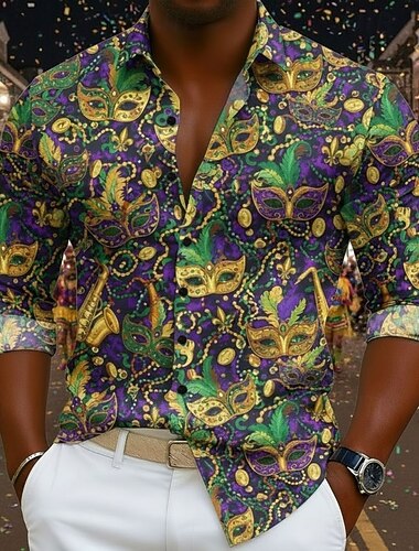  Karnival Herren Grafik Maske mit Federn Hemd Durchgeknöpft Hemd Strandhemd Langarm Hawaiianisch Lässig Bequem Urlaub Ferien Karneval Sommer Frühling Umlegekragen Drucken Purpur