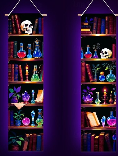  2 pezzi di arazzo con luce nera, libreria magica, arazzo psichedelico con luce nera, decorazione da parete, poster con luce nera reattiva ai raggi UV, sfondo estetico per appendere alla parete della