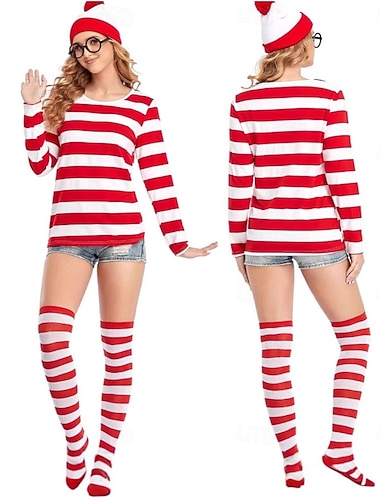  Karnevalskostüm 2026 Mehre Accessoires Ausgefallene Kostüme Wally Weiß und Rot Gestreift Erwachsene Damen Halloween Karneval Party Leistung Verkleiden