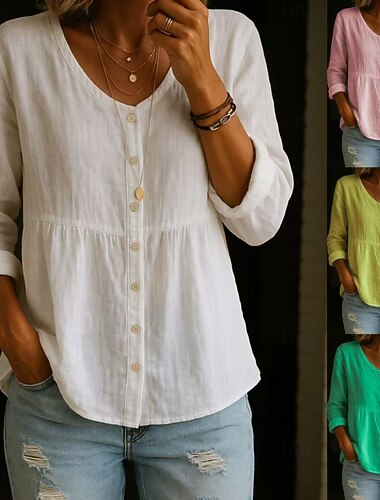  Damen Baumwolle Leinen Bluse Knöpfe Einfarbig Stilvoll Lässig Langarm V-Ausschnitt Reguliere Oberteile Täglich Weiß Gelb Rosa Grün Sommer Frühling Herbst