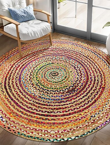  Tapis rond bohème en jute, imprimé plat 2D, tapis de sol en spirale multicolore vibrant, décoration intérieure écologique, tapis doux et antidérapant pour salon, chambre