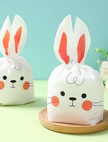  Pacote com 50 saquinhos de presente com orelhas de coelho da Páscoa, saquinhos fofos para doces com carinha de coelho para festa de Páscoa, festa de aniversário, chá de bebê, comemoração de feriado,